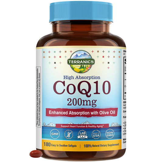 Terranics CoQ10 200mg bottle front showing high absorption formula