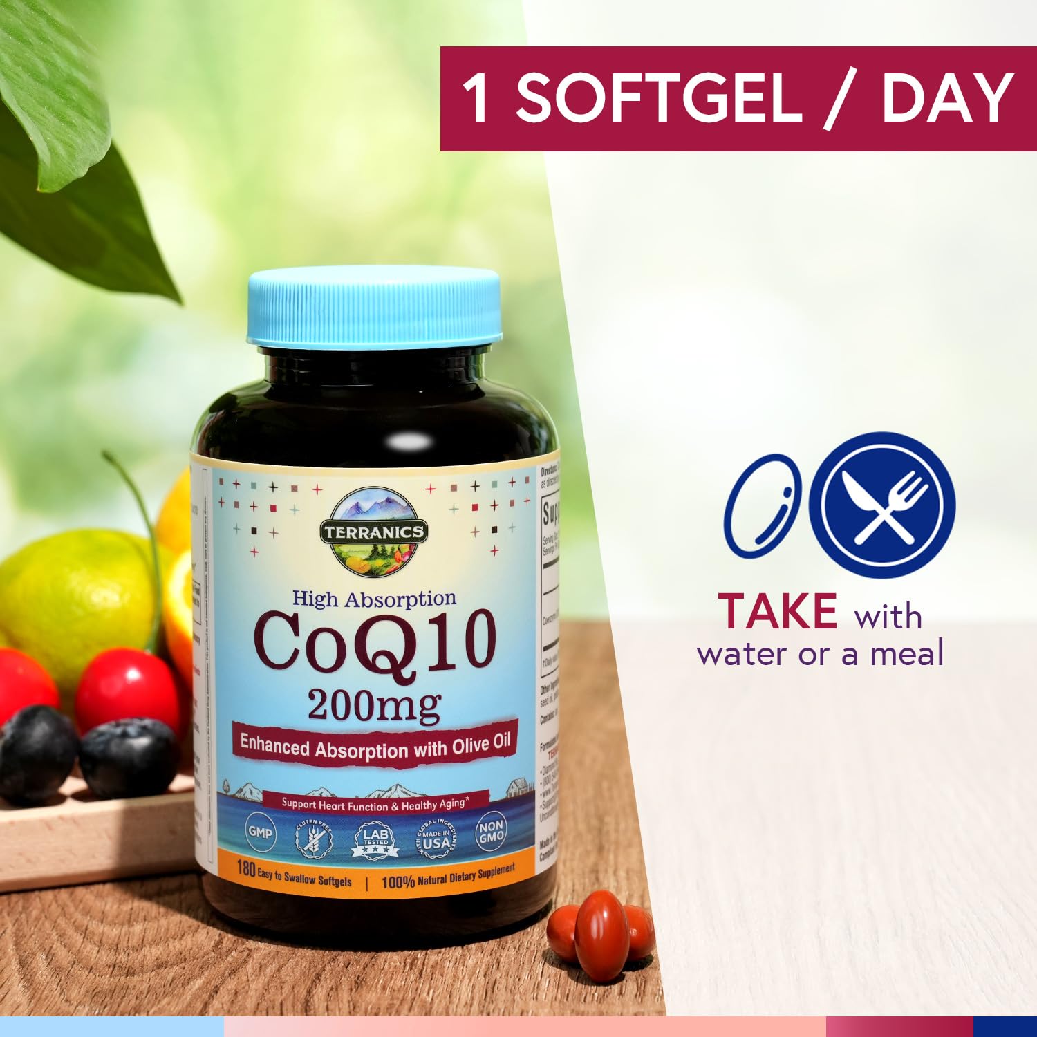 Terranics CoQ10 label non GMO gluten free text close-up