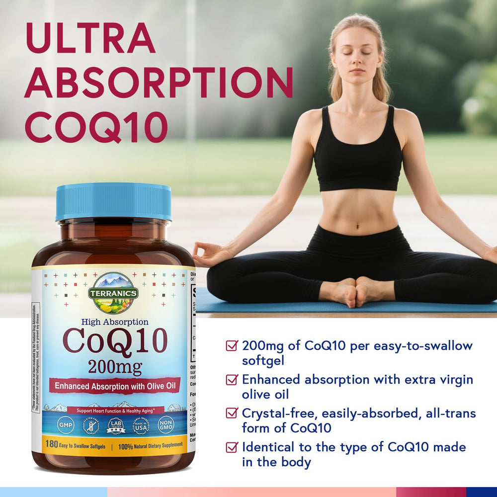 Terranics CoQ10 softgels close-up emphasizing easy-to-swallow design