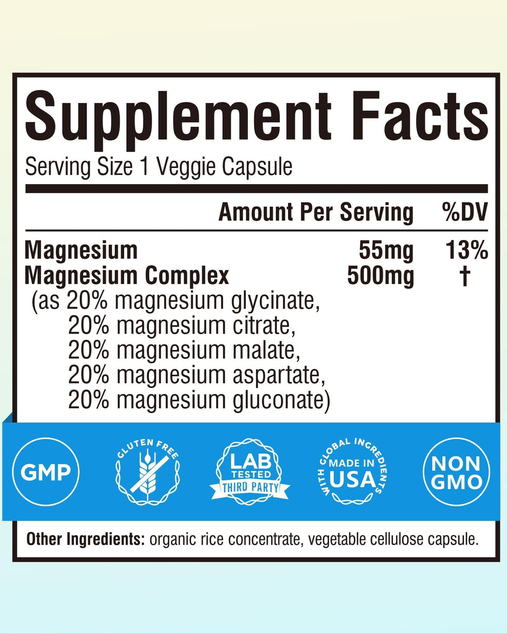 Terranics Magnesium Complex bottle back showing non-GMO and allergen-free info