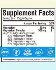 Terranics Magnesium Complex bottle back showing non-GMO and allergen-free info