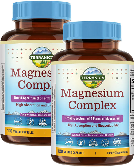 Terranics Magnesium Complex bottle front highlighting five forms for high absorption