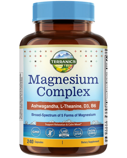 Terranics Magnesium Complex bottle front showing five magnesium forms for daily support
