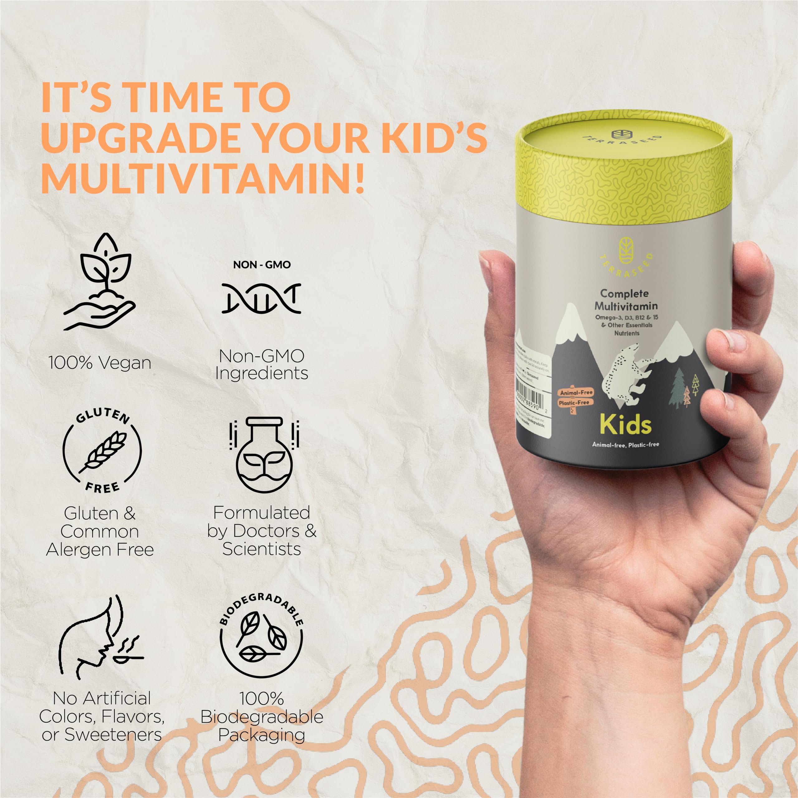 Terraseed label closeup highlighting vegan vitamin blend for kids