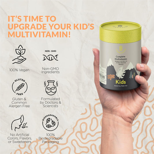 Terraseed label closeup highlighting vegan vitamin blend for kids