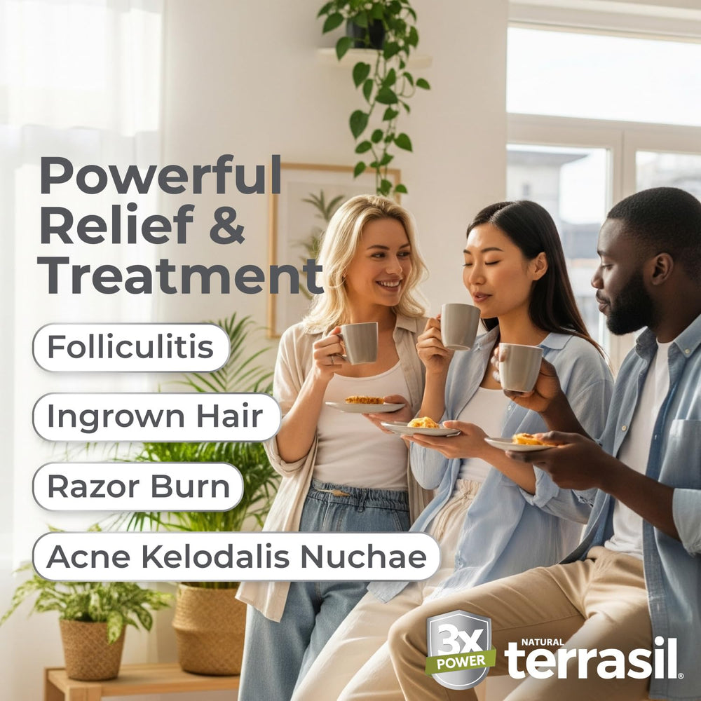 Terrasil Folliculitis Cream being applied to irritated skin for soothing relief.