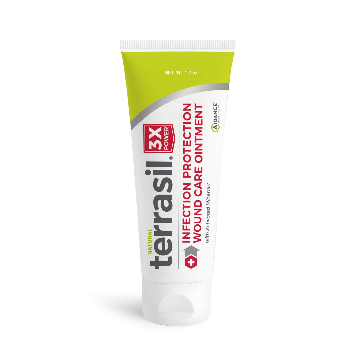 Terrasil Wound Care bottle shown, protects damaged skin with a powerful infection barrier.