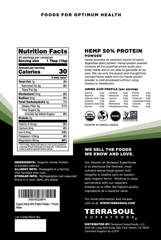 Terrasoul hemp protein powder bag opened, ready to blend in smoothies
