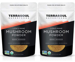 Terrasoul Lions Mane powder two-bags front view for convenient, organic daily supplementation.