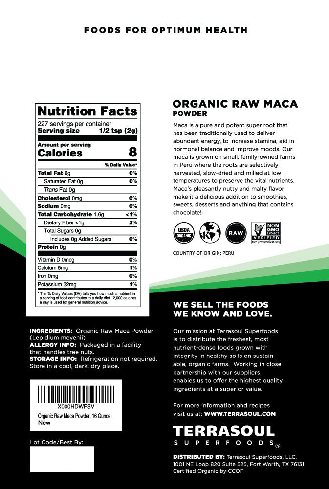 Terrasoul maca powder scoop measuring for smoothies and bowls.