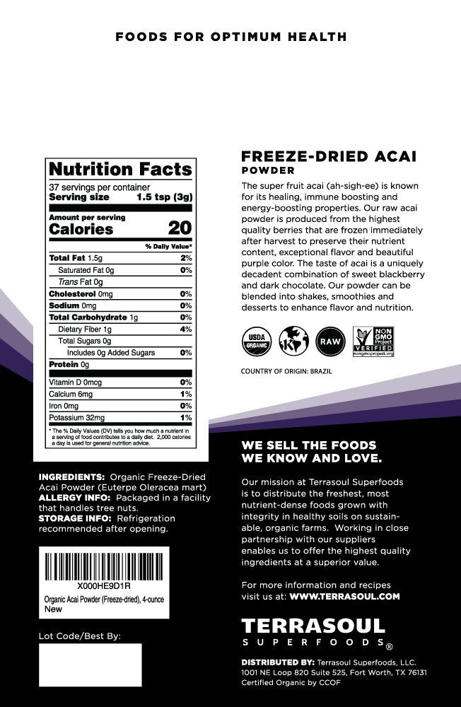 Terrasoul Organic Acai Powder bag open, ready to scoop into yogurt.