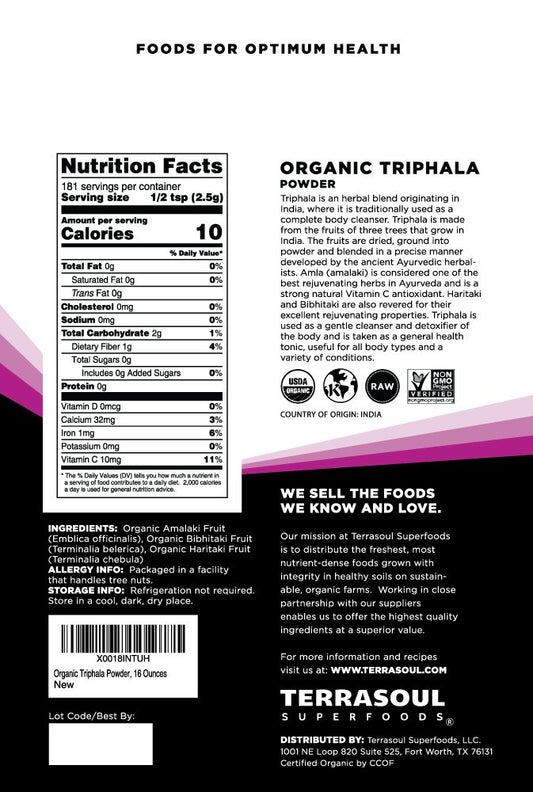 Terrasoul Organic Triphala Powder scoop beside jar for easy morning dosage