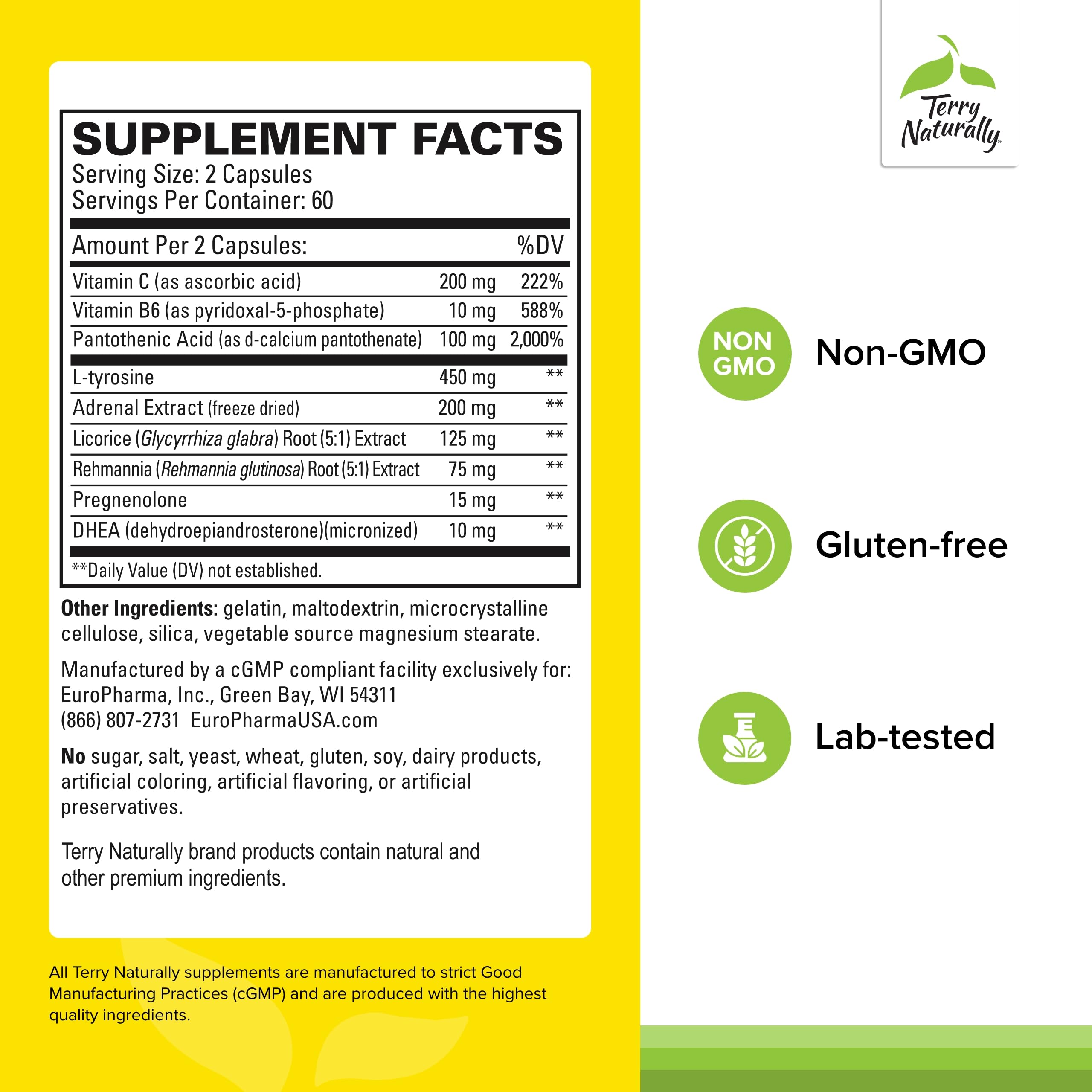 Terry Naturally Adrenaplex bottle back label with ingredients.