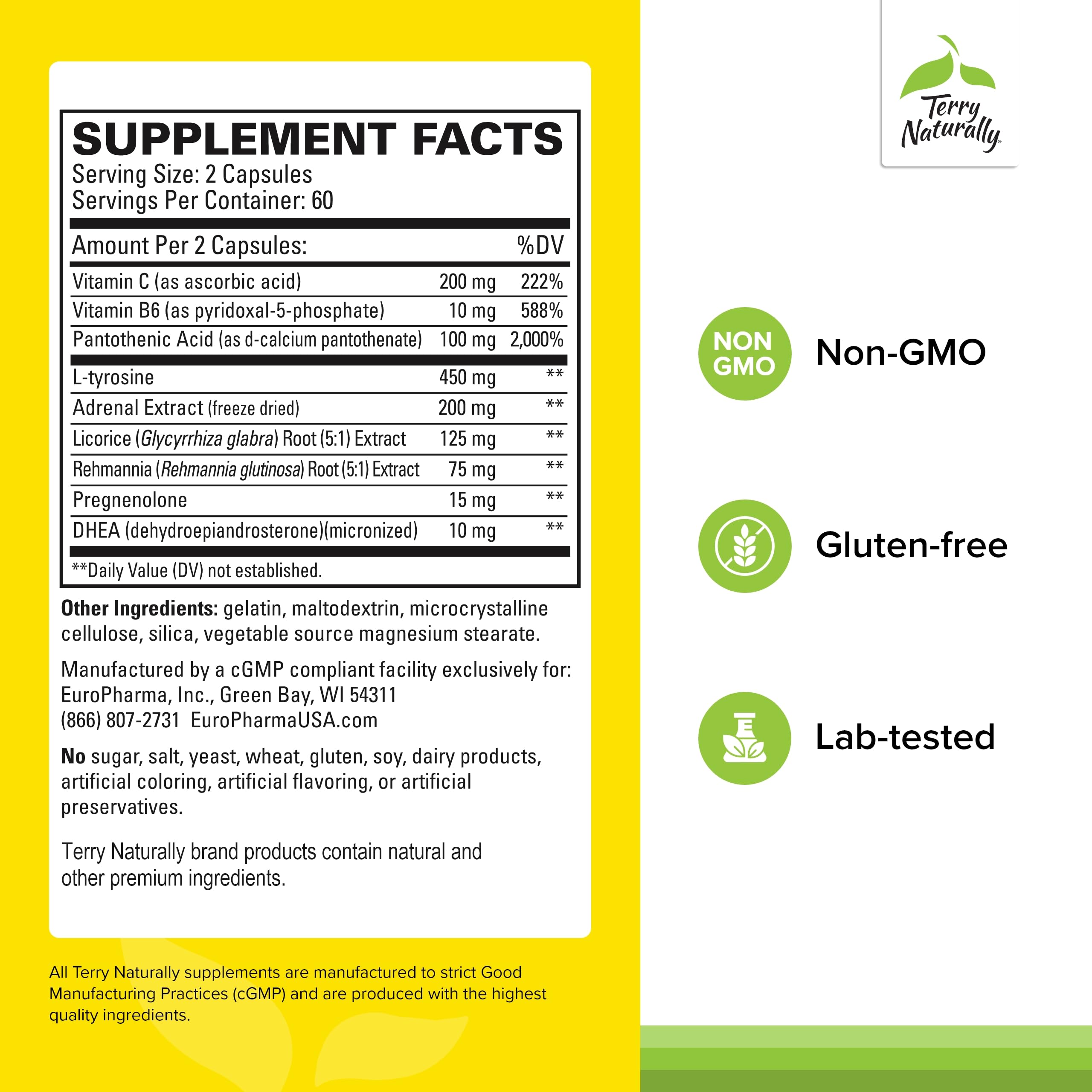 Terry Naturally Adrenaplex bottle back label with ingredients