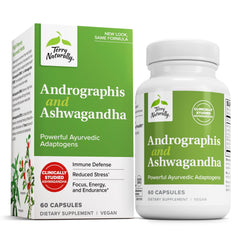 Terry Naturally andrographis-ashwagandha bottle capsules support daily energy and immune balance.