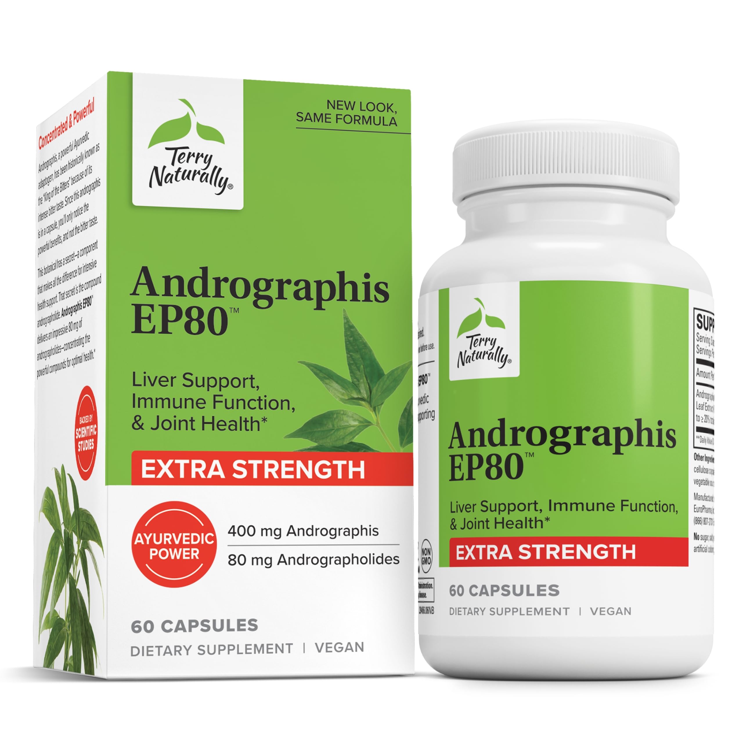 Terry Naturally Andrographis EP80 bottle front showing immune support and potency