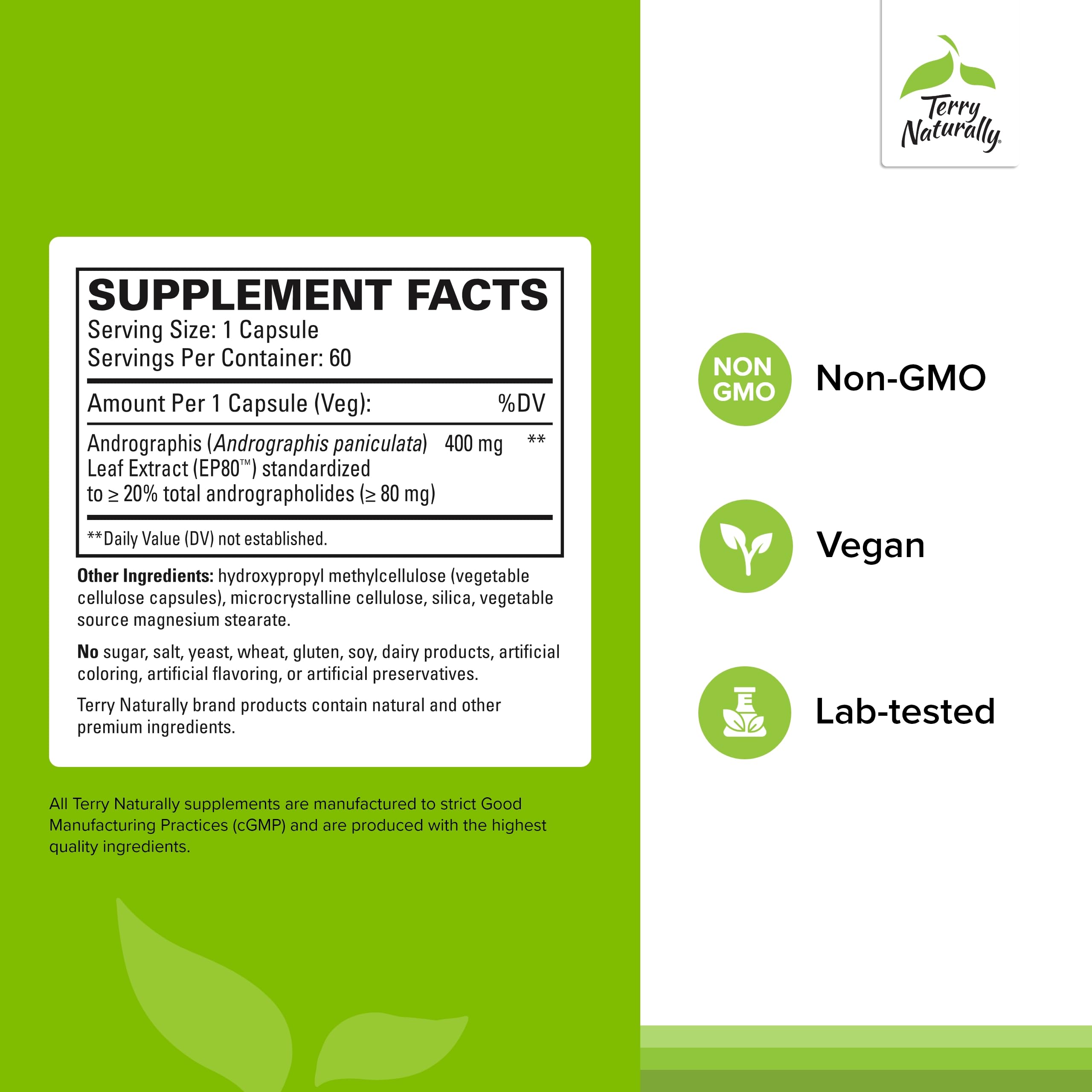 Terry Naturally Andrographis EP80 label closeup with ingredient details