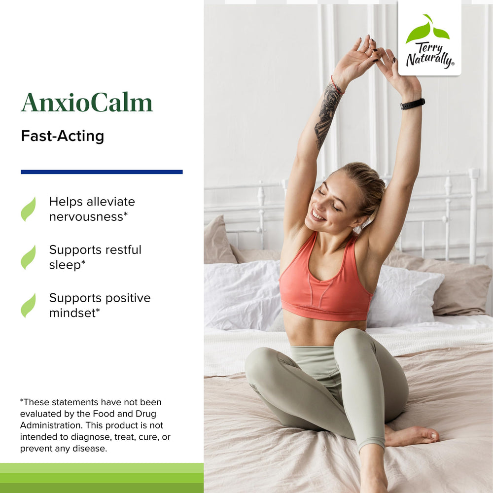 Terry Naturally AnxioCalm tablets in hand highlight portable calm support