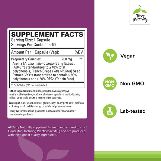 Capsules close-up of Terry Naturally Aronia Berry Complex for daily antioxidant support