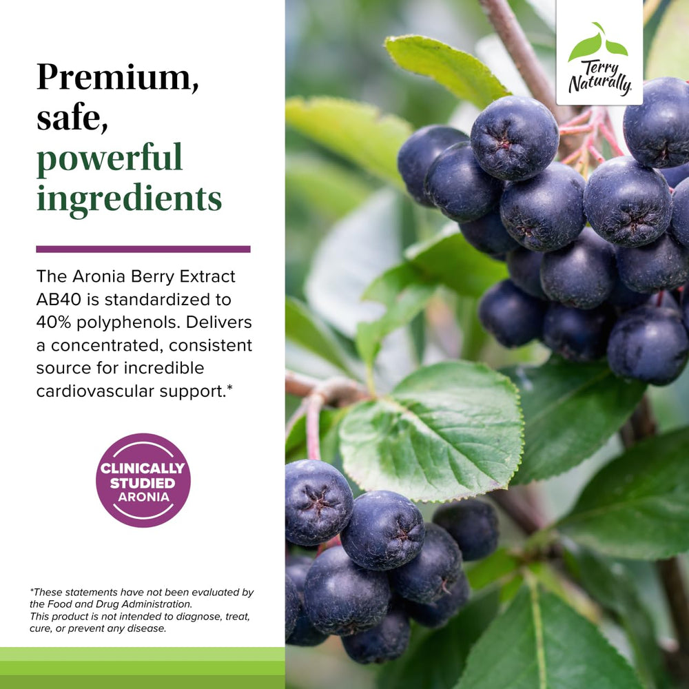 Ingredients chart shows polyphenols from aronia berry and grape seed extract