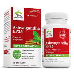 Terry Naturally Ashwagandha EP35 bottle promoting stress support and restful evenings.