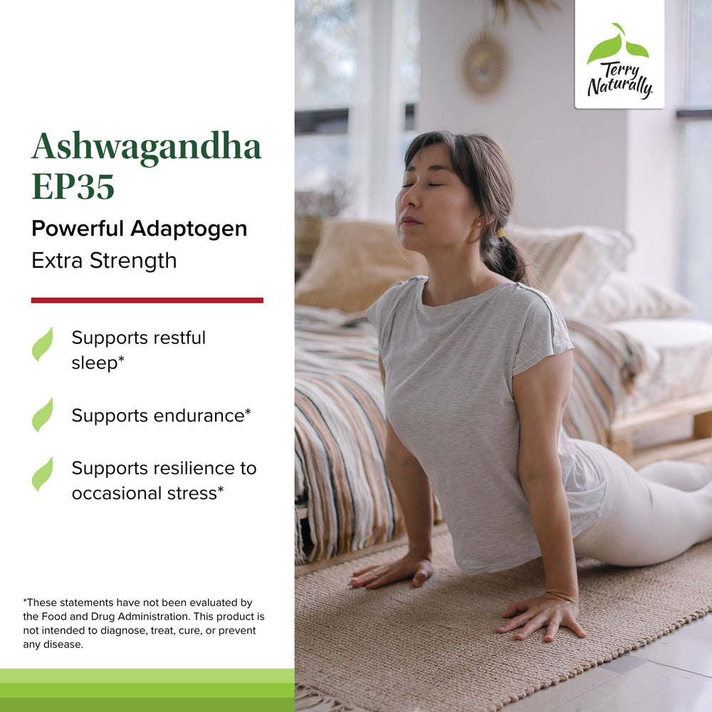 Terry Naturally Ashwagandha EP35 label detail with ingredients and additives.