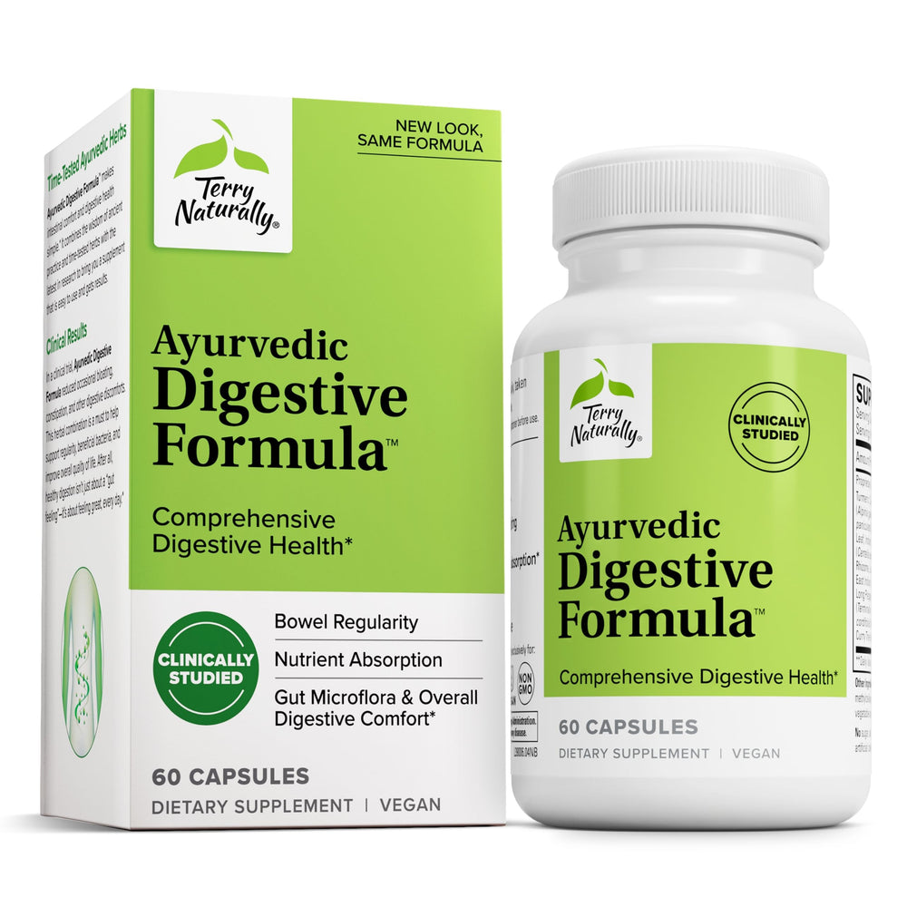 Terry Naturally Ayurvedic Digestive Formula bottle for daily digestive support.