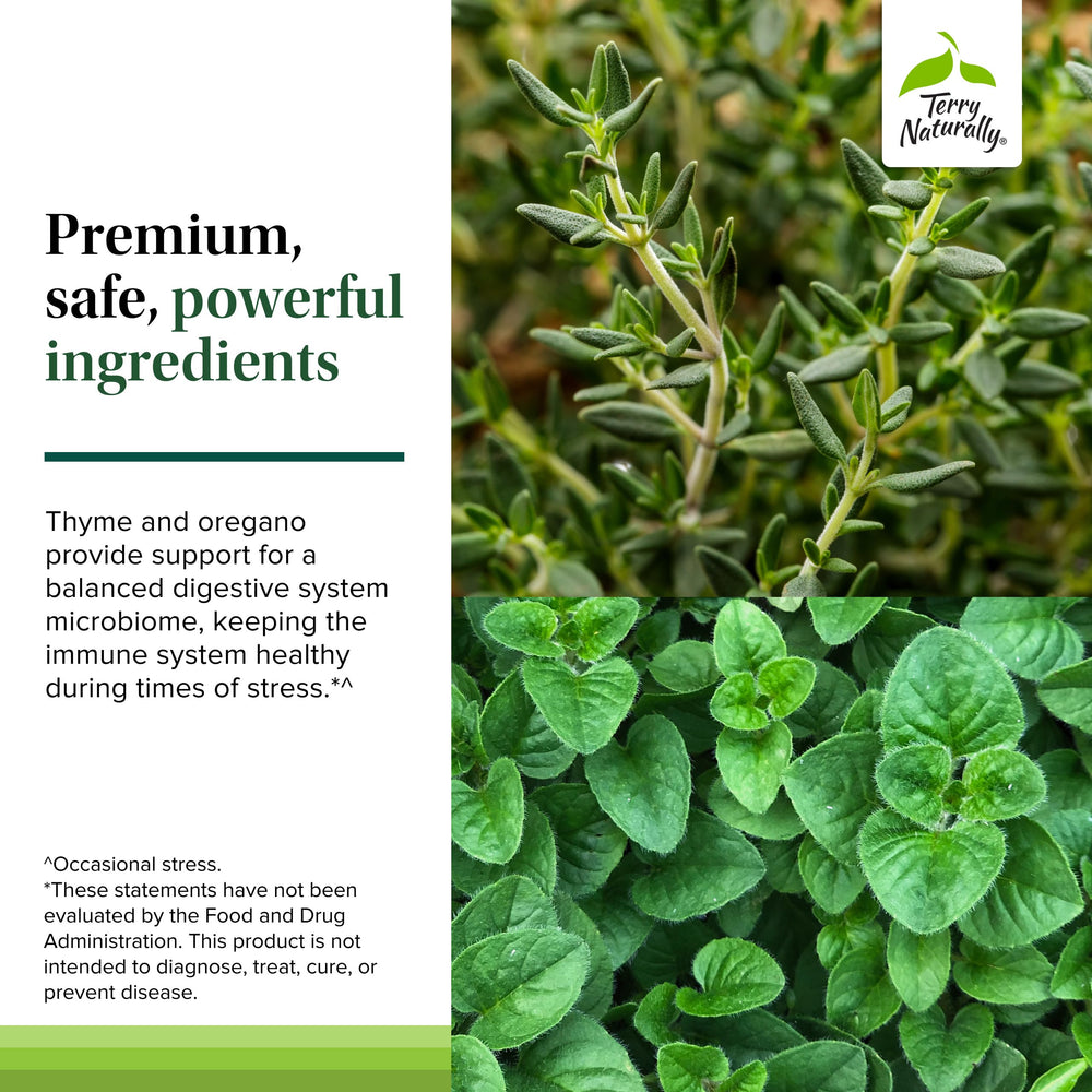 Terry Naturally Bacteril Extra Strength ingredients with thyme and oregano for gut balance.