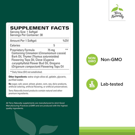 Terry Naturally Bacteril ingredients featuring cinnamon and thyme for gut balance.