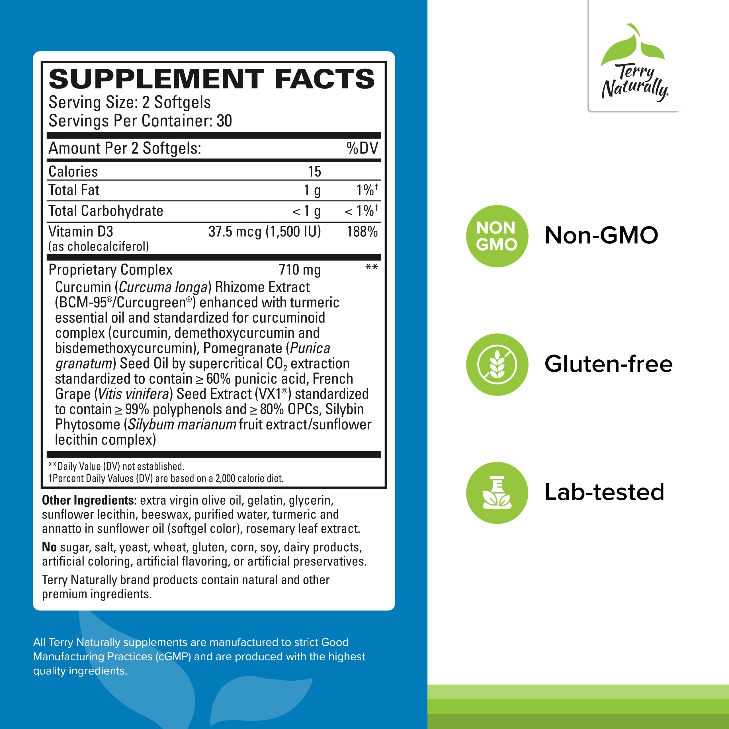 Close-up of Terry Naturally BCM-95 curcumin softgels and label