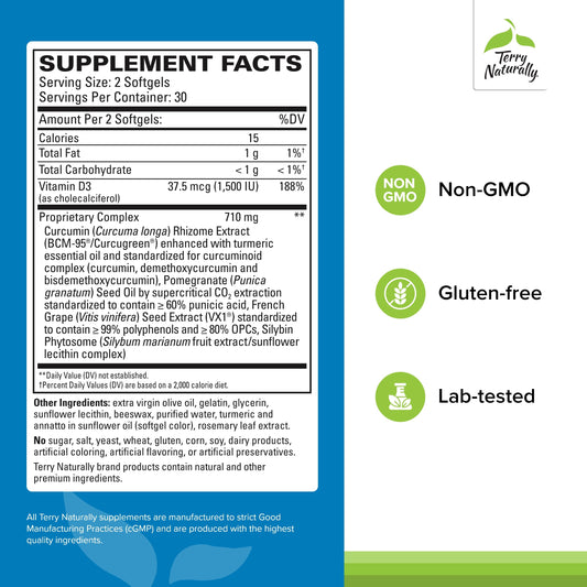 Close-up of Terry Naturally BCM-95 curcumin softgels and label