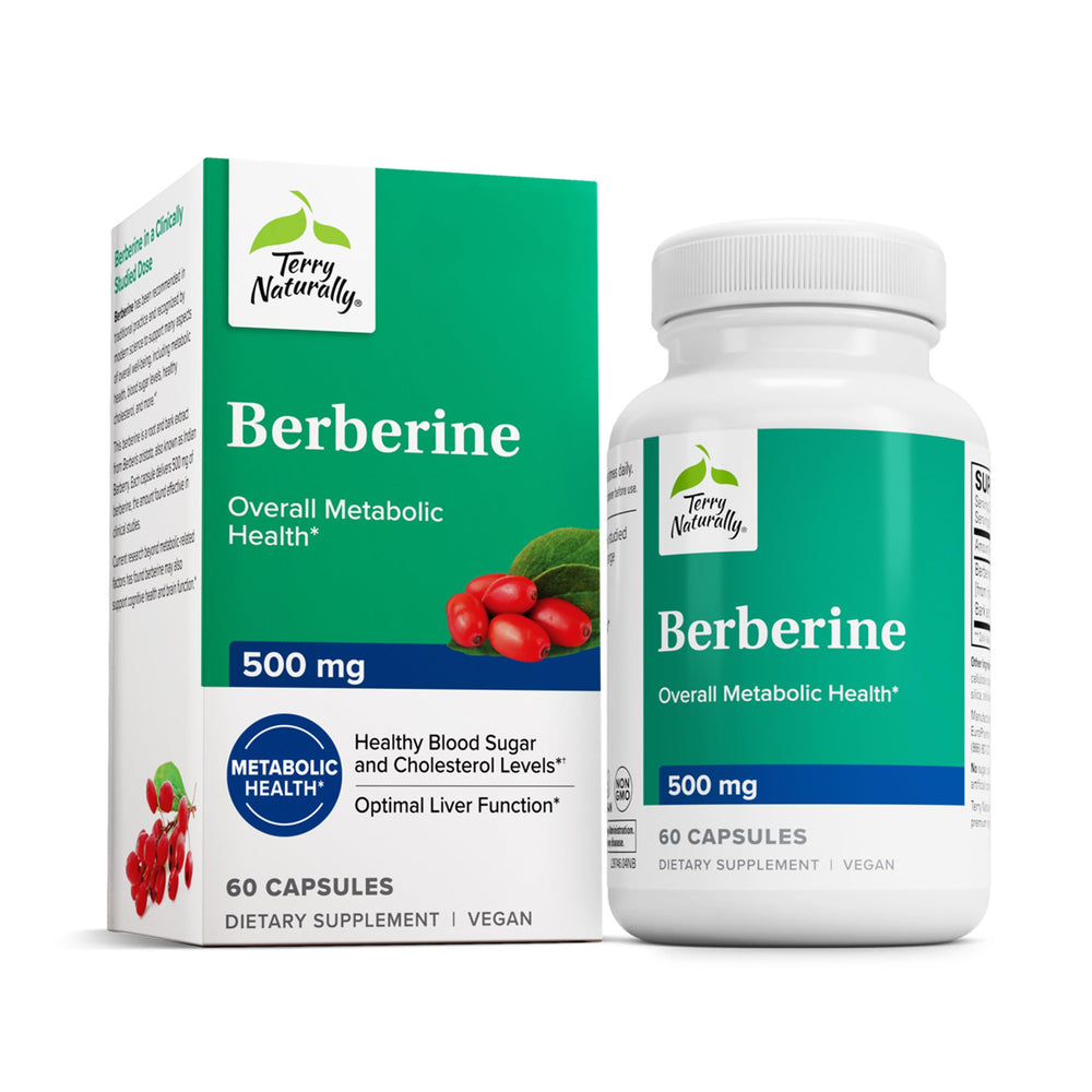 Terry Naturally Berberine bottle with labeling for liver and metabolism support.