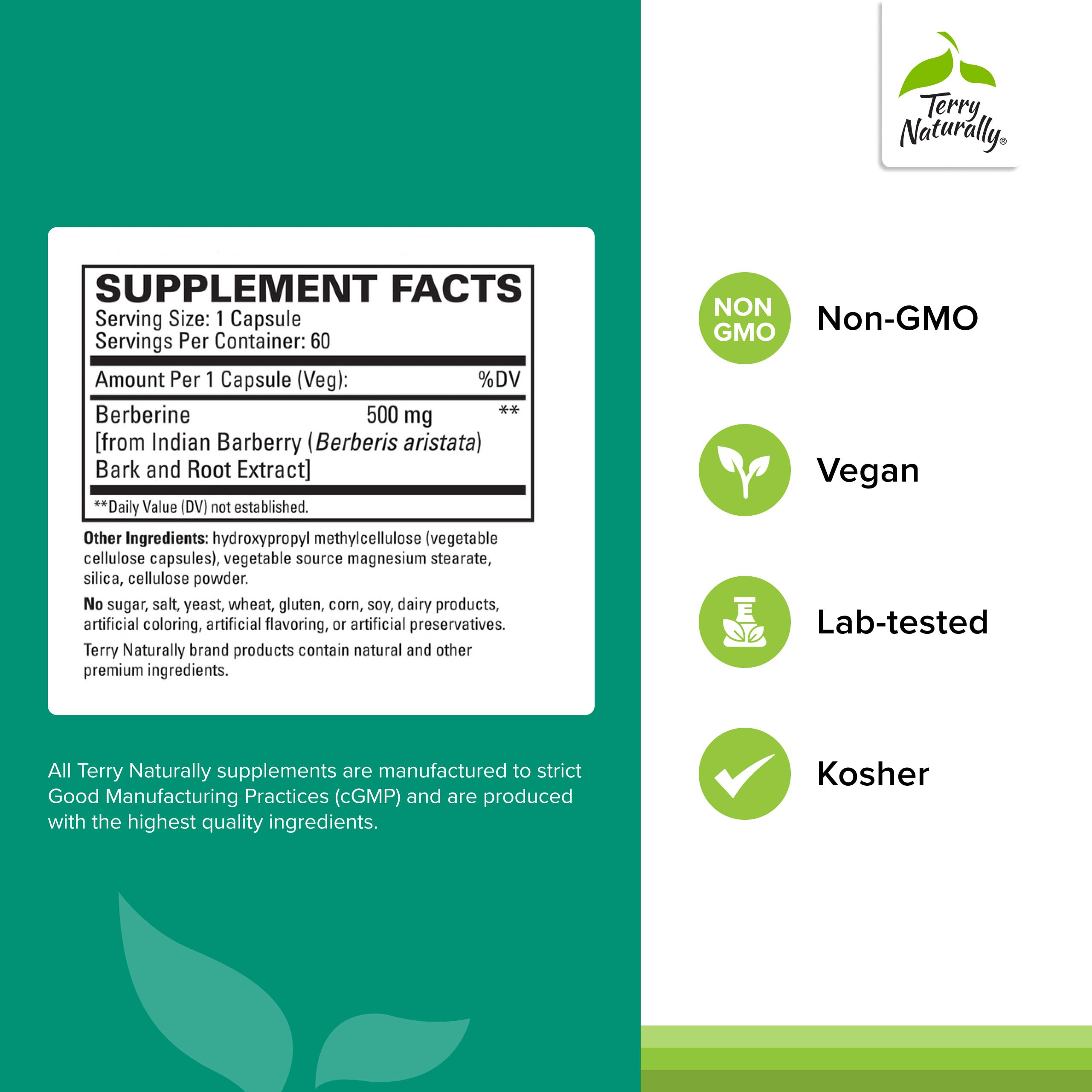 Terry Naturally Berberine label highlights minimal ingredients and clean formulation for adults.