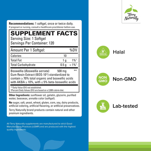 Terry Naturally BosMed 500 softgels closeup highlighting AKBA-rich boswellia extract.