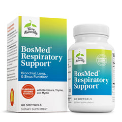 Terry Naturally BosMed Respiratory Support bottle pour promotes easy daily use for bronchial comfort.