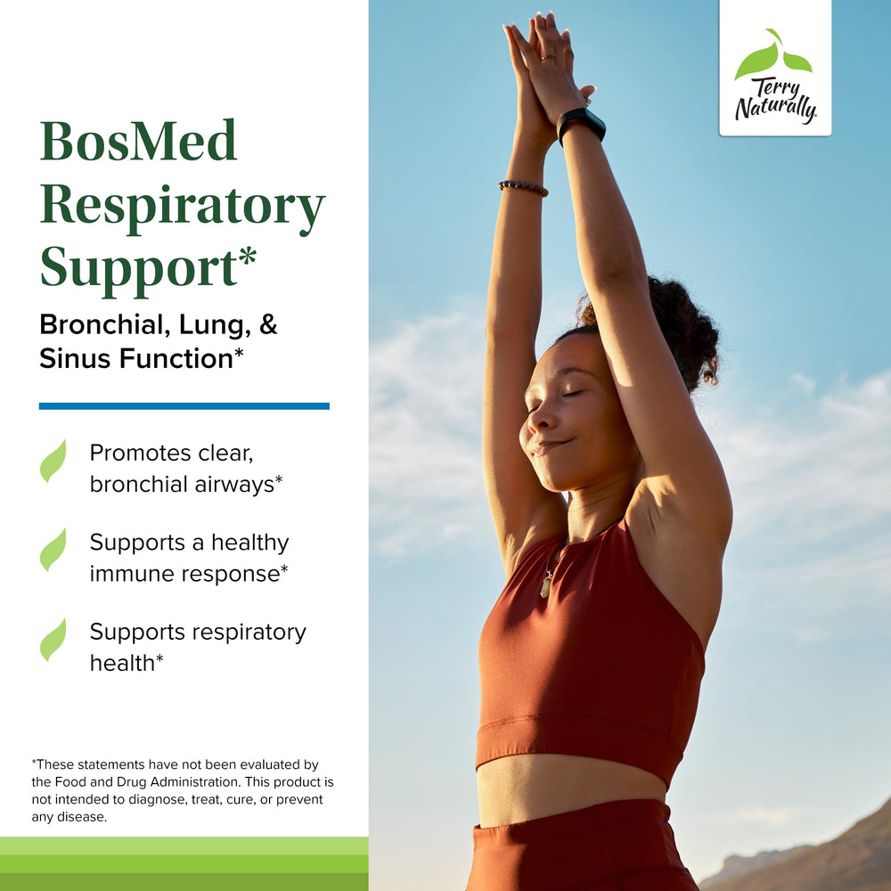 Terry Naturally BosMed Respiratory Support packaging box highlights herbal lung support.