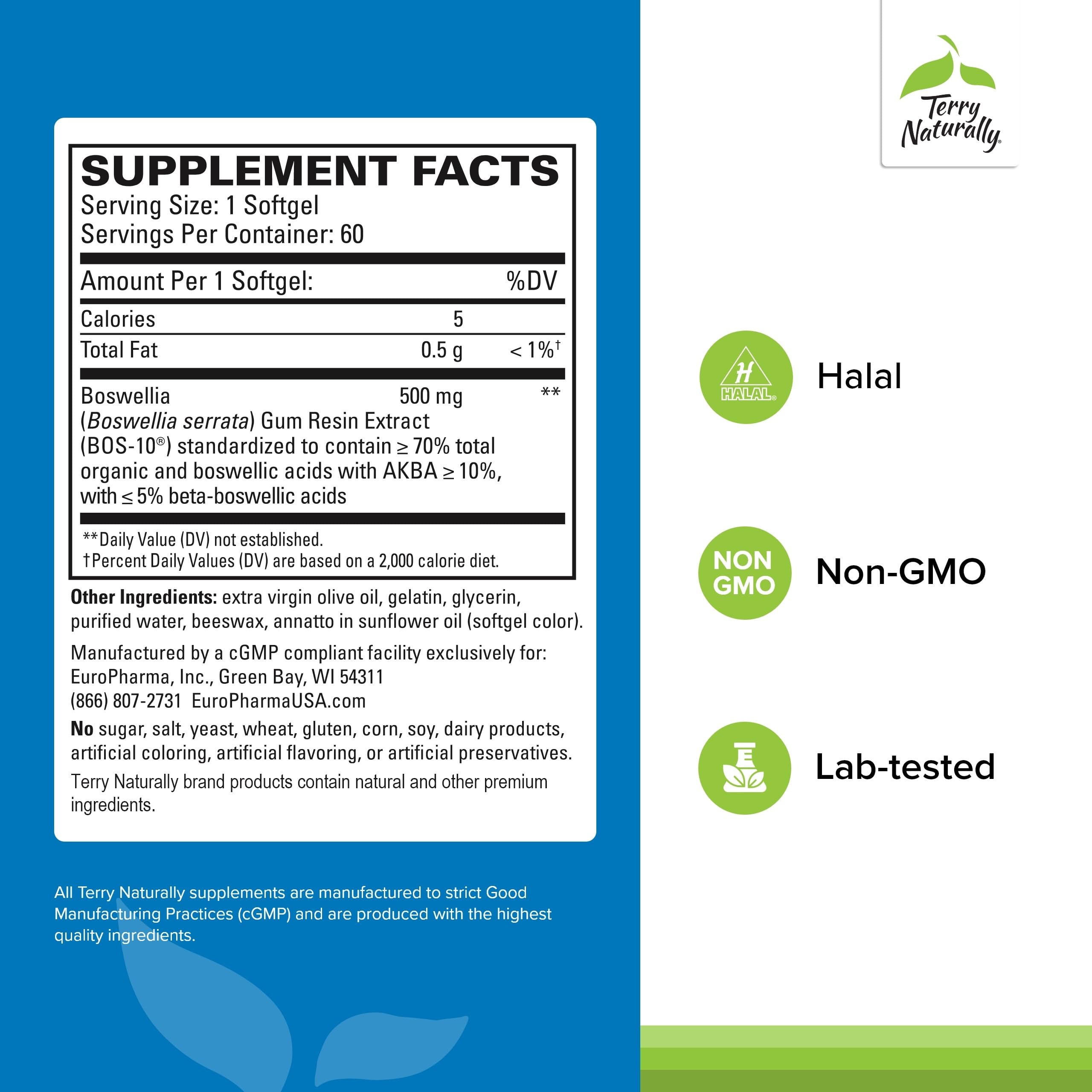 Close-up of BosMed label highlighting 500 mg boswellia and non-GMO formula