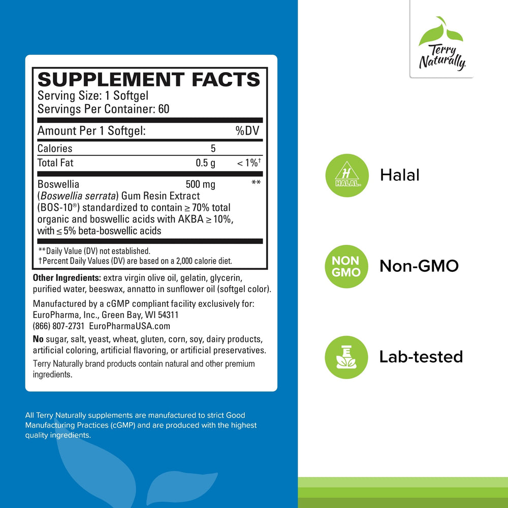 Close-up of BosMed label highlighting 500 mg boswellia and non-GMO formula