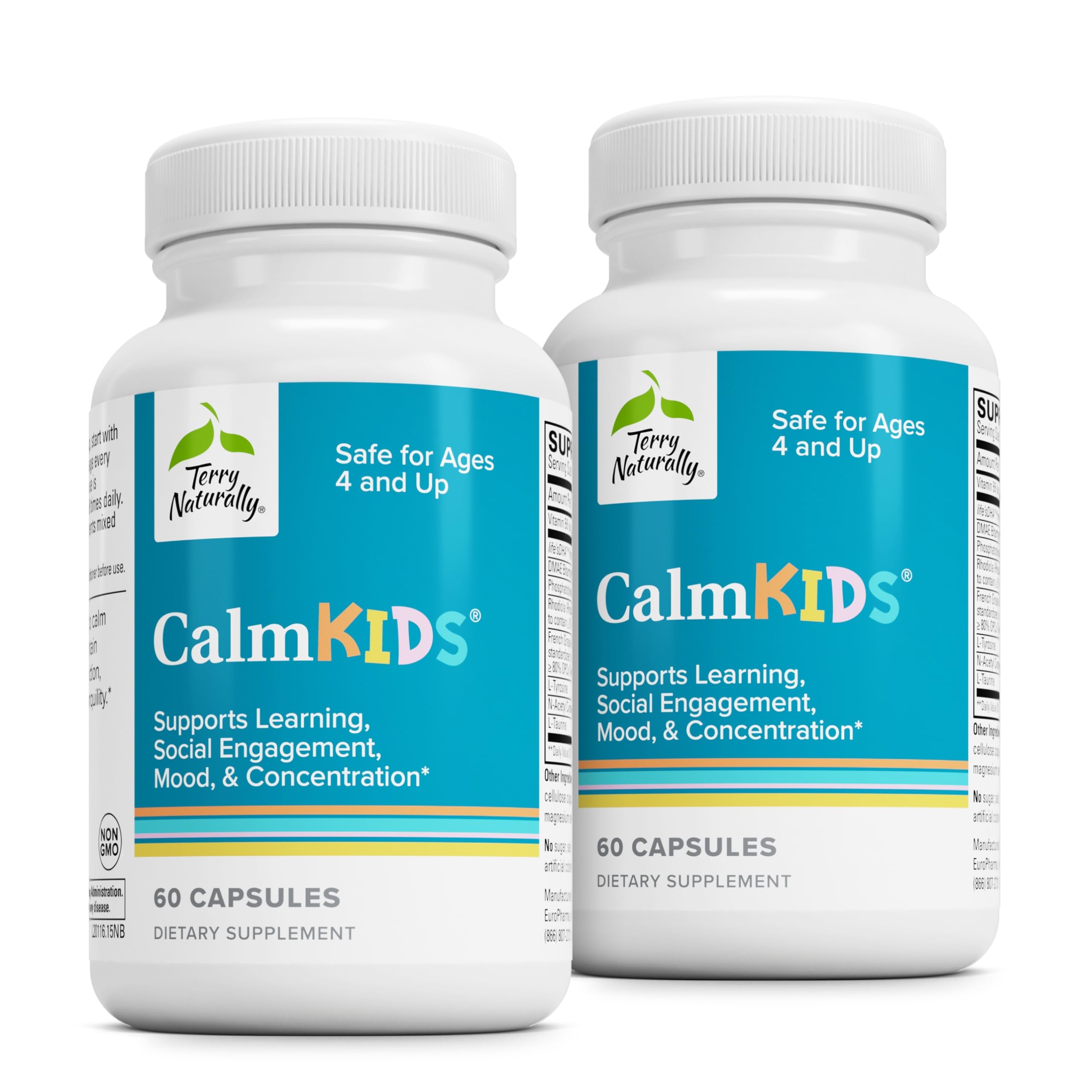 Terry Naturally Calm Kids bottle with two-pack packaging supports calm focus.