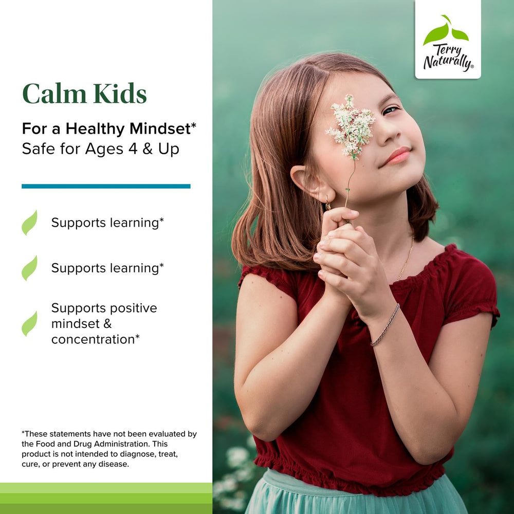 Terry Naturally Calm Kids label featuring phosphatidylserine and rhodiola for brain health.