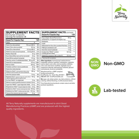 Terry Naturally Clinical Essentials bottle back reveals supplement facts and minerals.