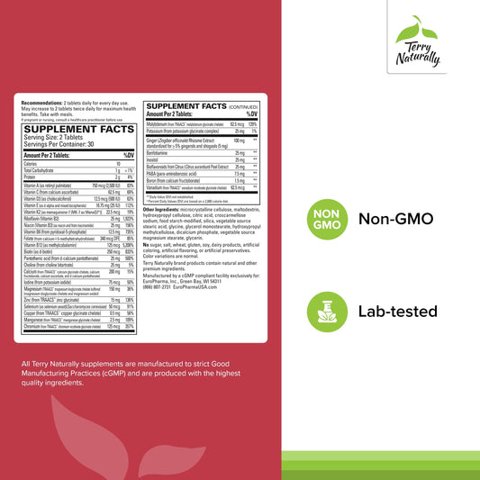 Terry Naturally Clinical Essentials bottle label closeup highlights chelated minerals for better bioavailability.