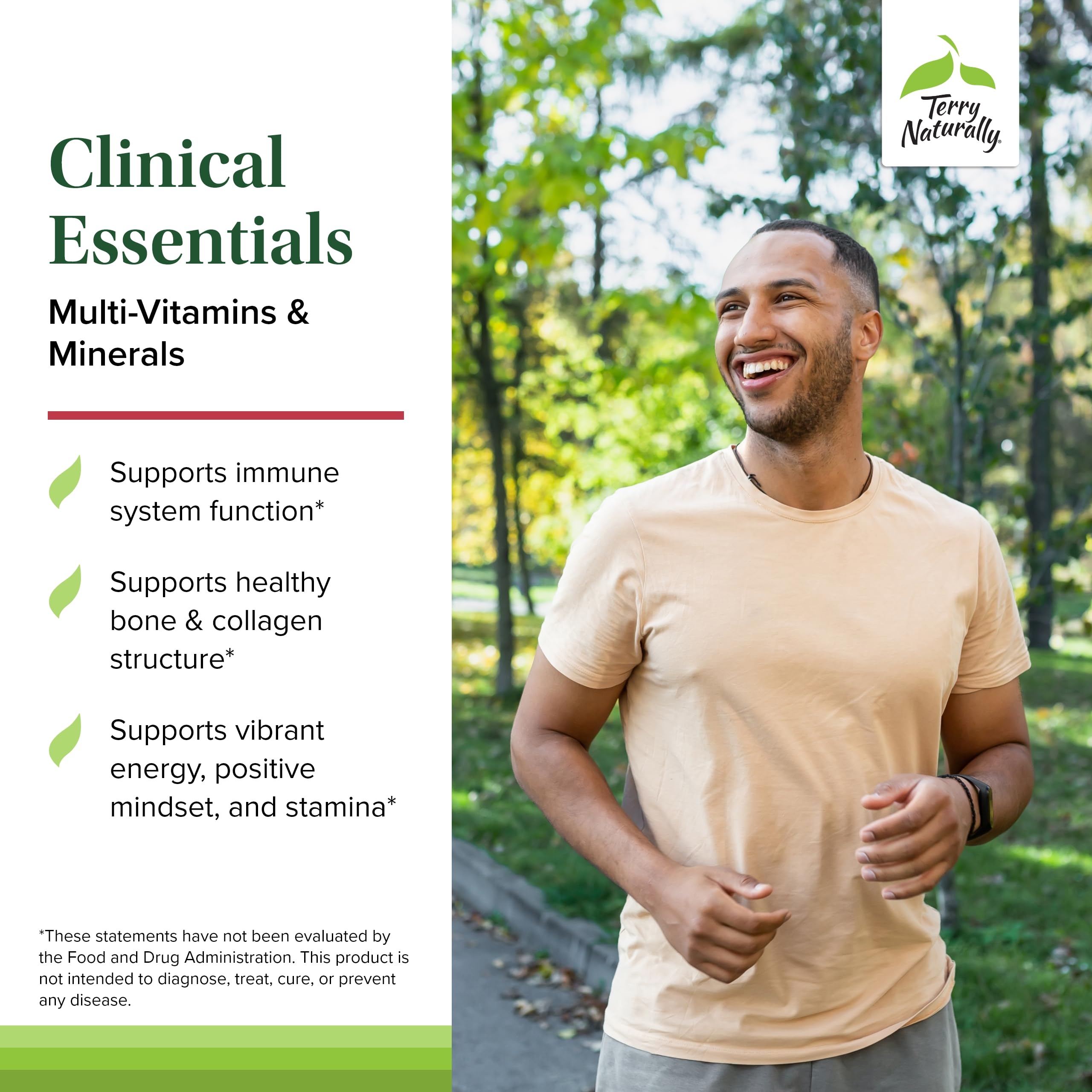 Terry Naturally Clinical Essentials tablets pour demonstrates easy daily dosing for energy and immune support.