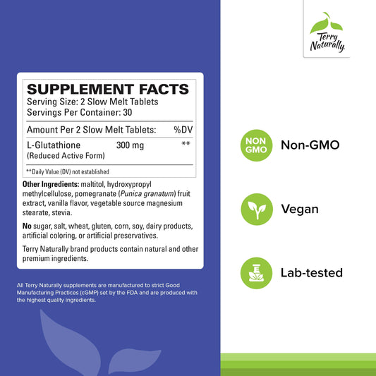 Clinical Glutathione tablets on a blister pack demonstrate slow-melt design for easier absorption.