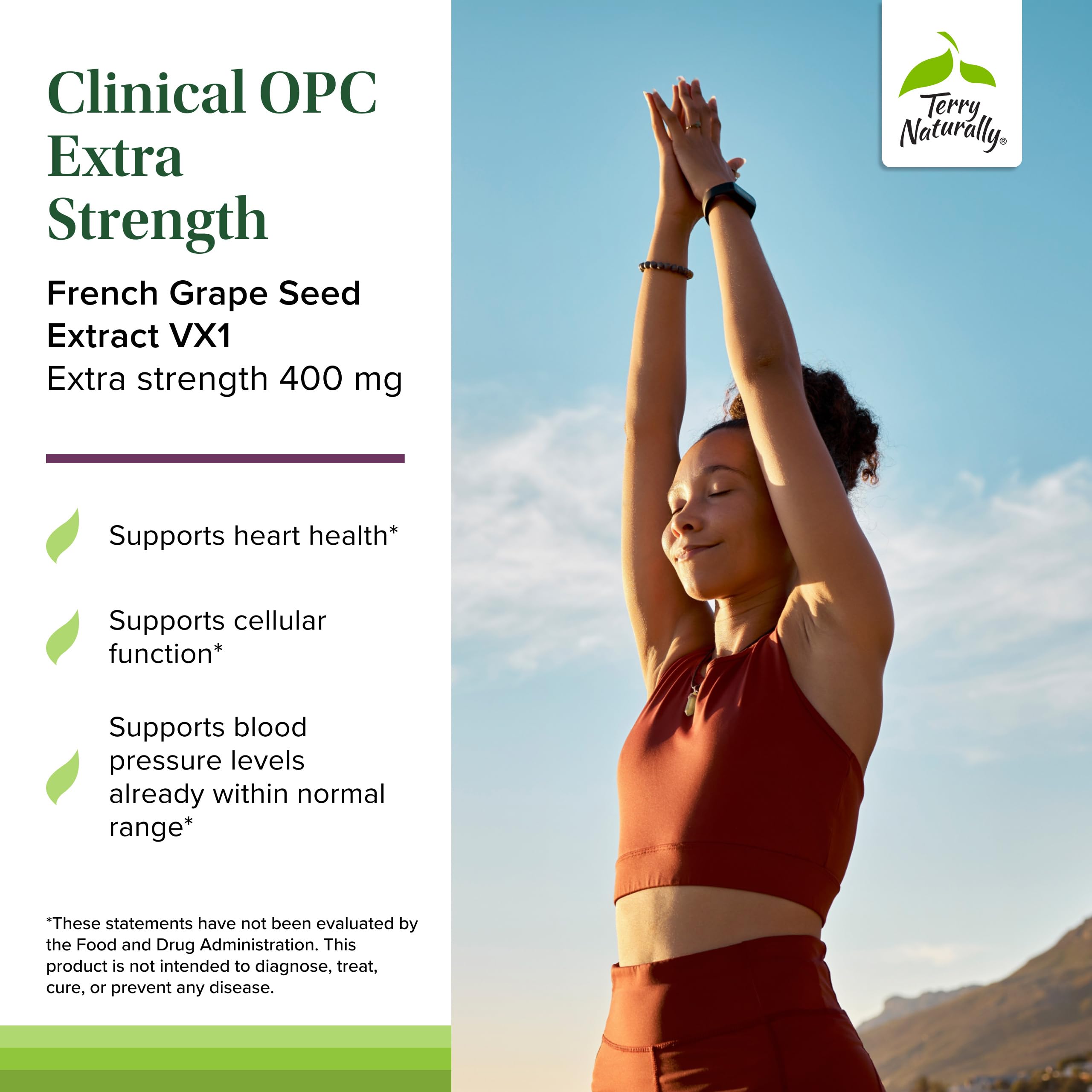 Terry Naturally Clinical OPC Extra Strength label close-up, highlighting grape seed extract.