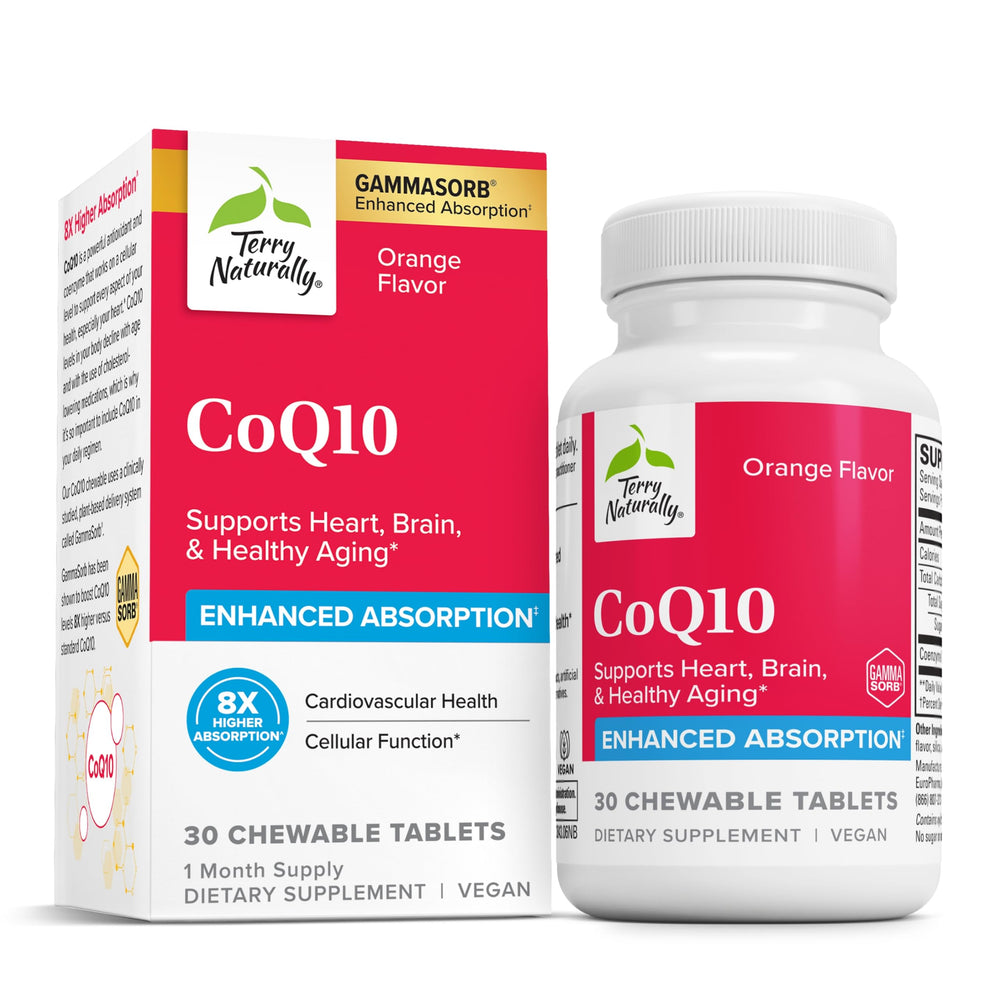 Terry Naturally CoQ10 Chewables bottle front highlighting daily energy support.
