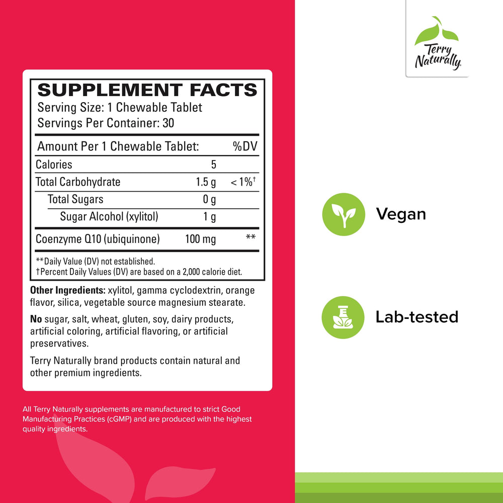 Terry Naturally CoQ10 Chewables tablet closeup showing vegan formula.