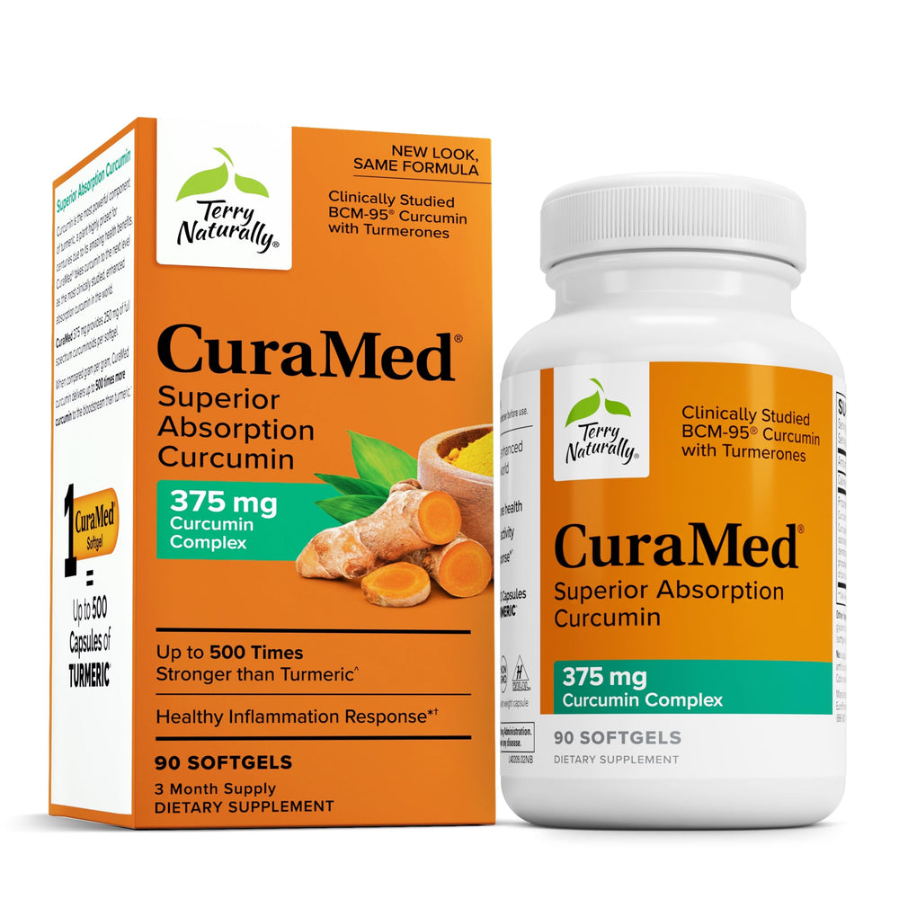 Terry Naturally CuraMed 375mg bottle front view with curcumin and turmeric oil.