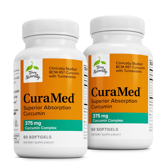Terry Naturally CuraMed 375mg bottle pouring capsules for daily antioxidant support.