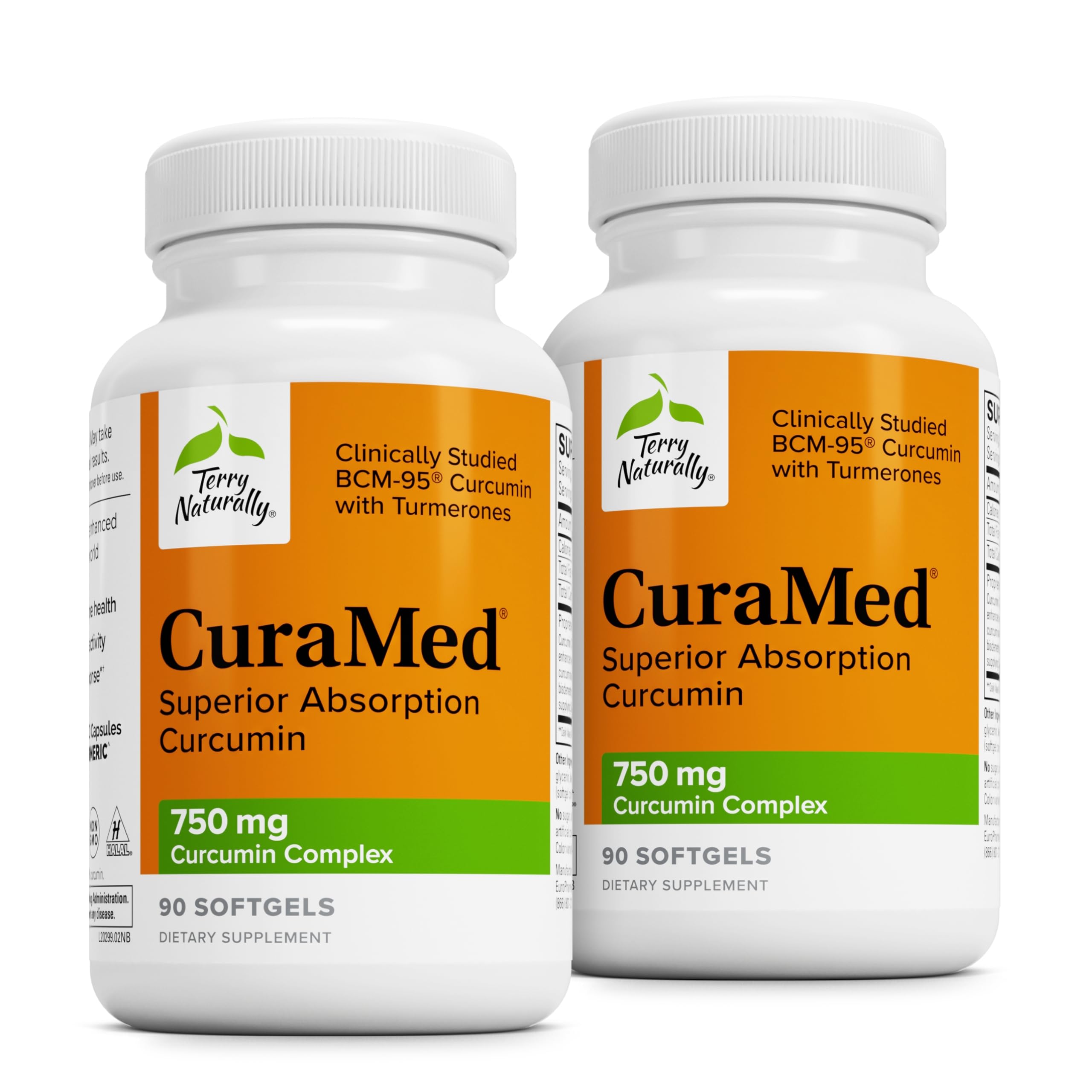 Terry Naturally CuraMed 750mg bottle close-up highlighting high-potency curcumin for antioxidant support.
